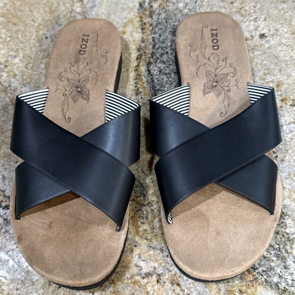 IZOD Shoes - IZOD Sandals Womens 10  Alyssa Faux Leather Criss Cross Strap Slide Black